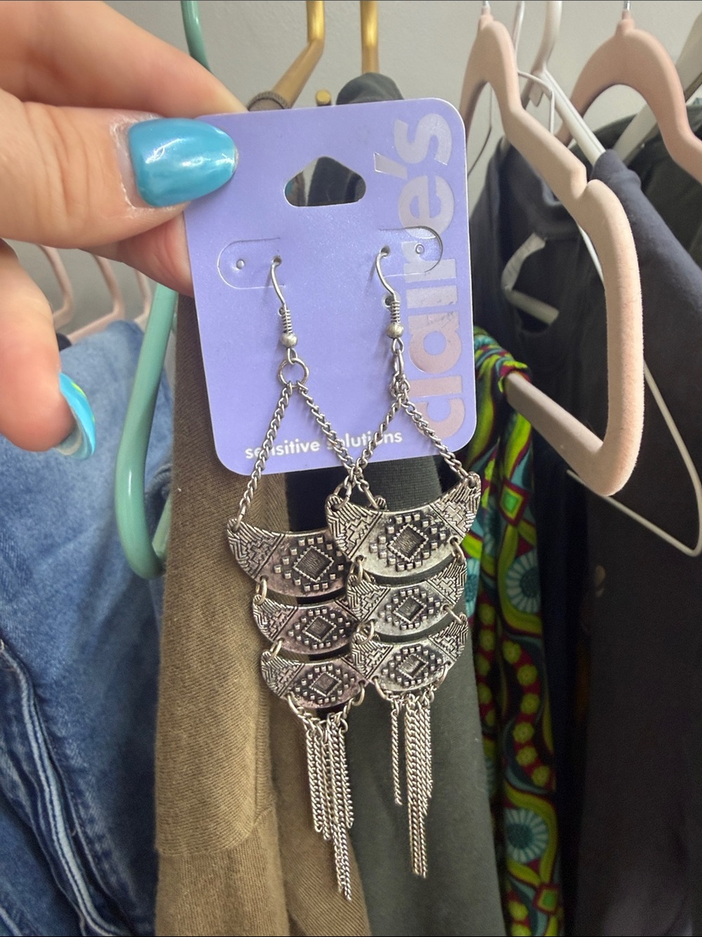 Claire’s Sensitive Solutions Silver Boho Filigree Tiered Dangle Earrings New!